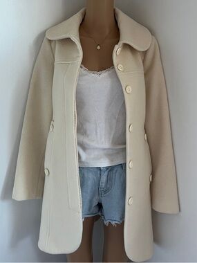 Cream Wool-Blend Pea Coat with Rounded Collar